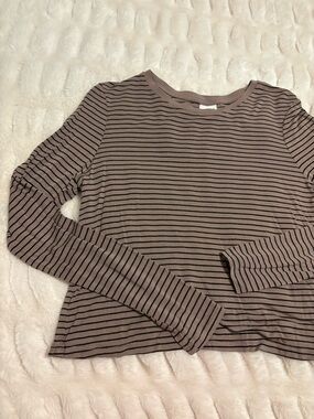 Striped Long-Sleeve Crewneck Top in Taupe and Black